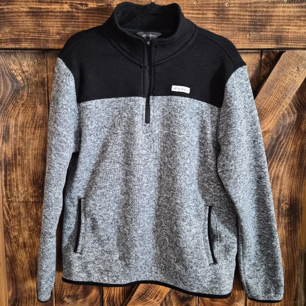Eddie Bauer Quarter Zip Fleece Gray Black Pullover Mens Large